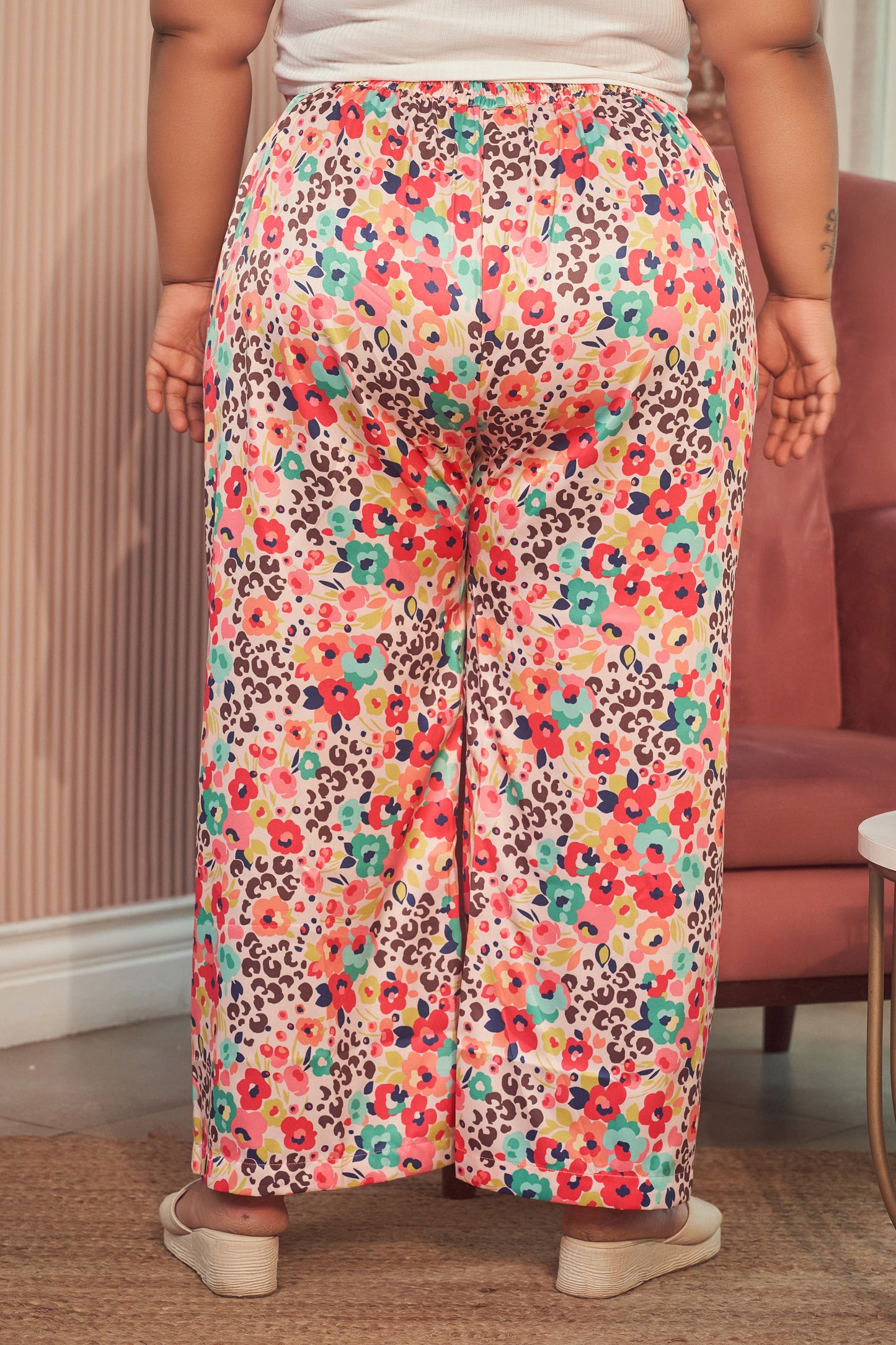 Peach Printed Satin Mid-Rise Relaxed Fit Pants