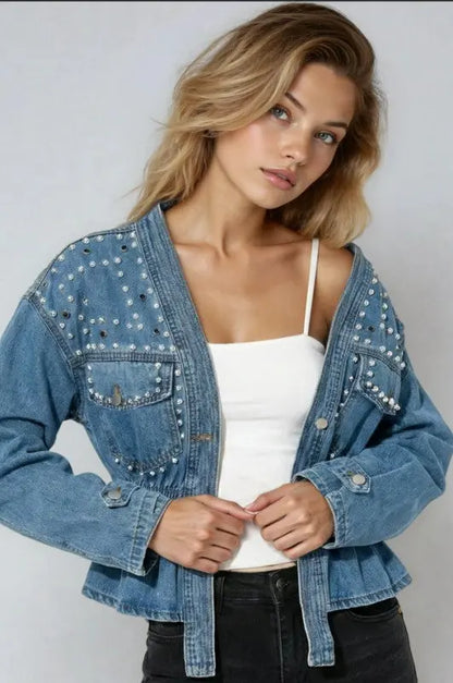 Studded Detail Neck Denim Jacket image 0
