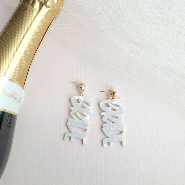 Gold bride earrings with hand-lettered calligraphy and zircon studs