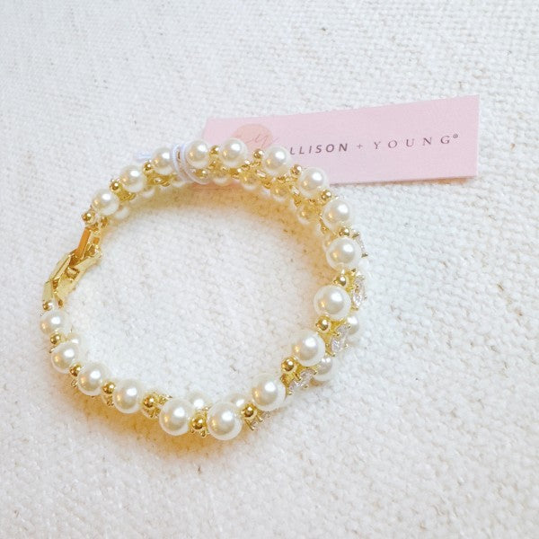  Elegant pearl and crystal bracelet on model for weddings