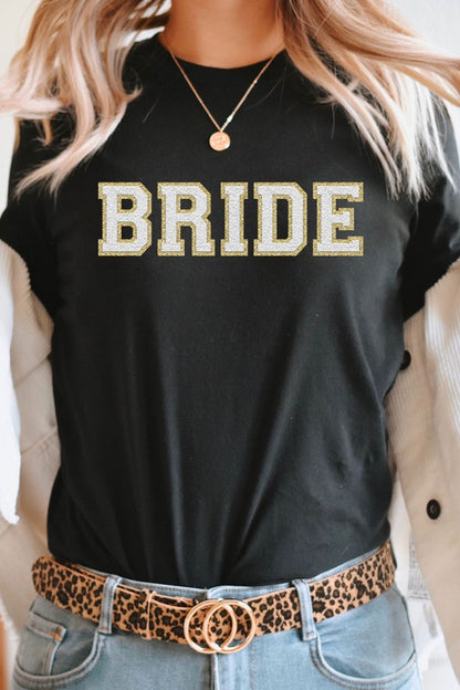 Black bride faux chenille graphic t-shirt with textured lettering