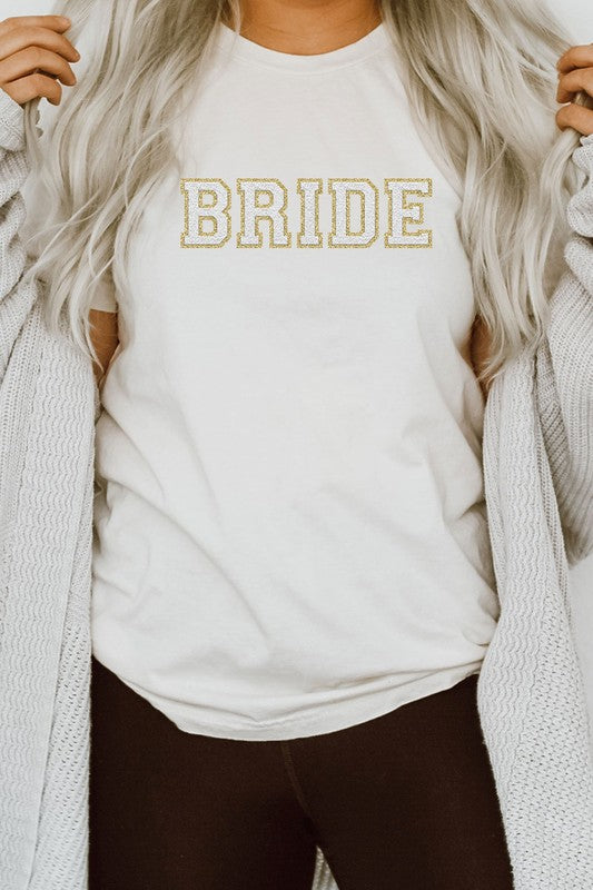 White bride faux chenille graphic t-shirt with textured lettering