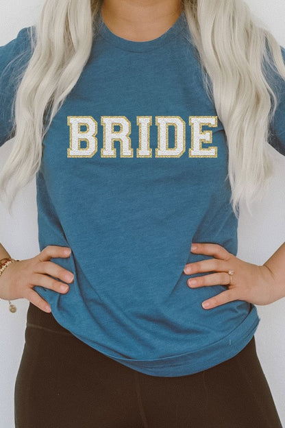 navy bride faux chenille graphic t-shirt with textured lettering