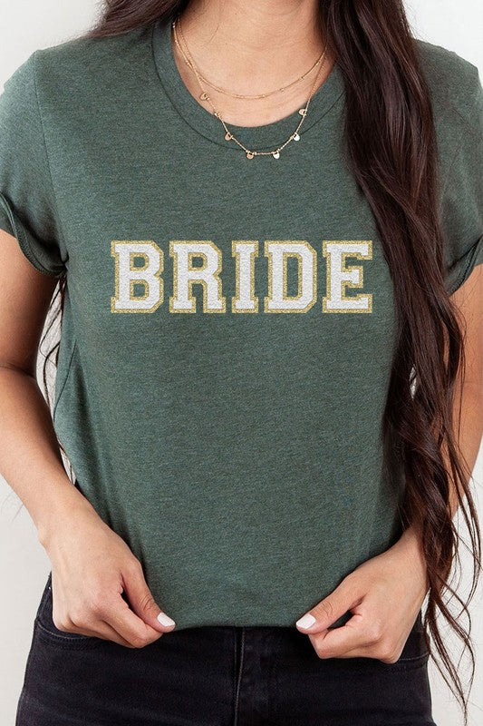 forest green bride faux chenille graphic t-shirt with textured lettering