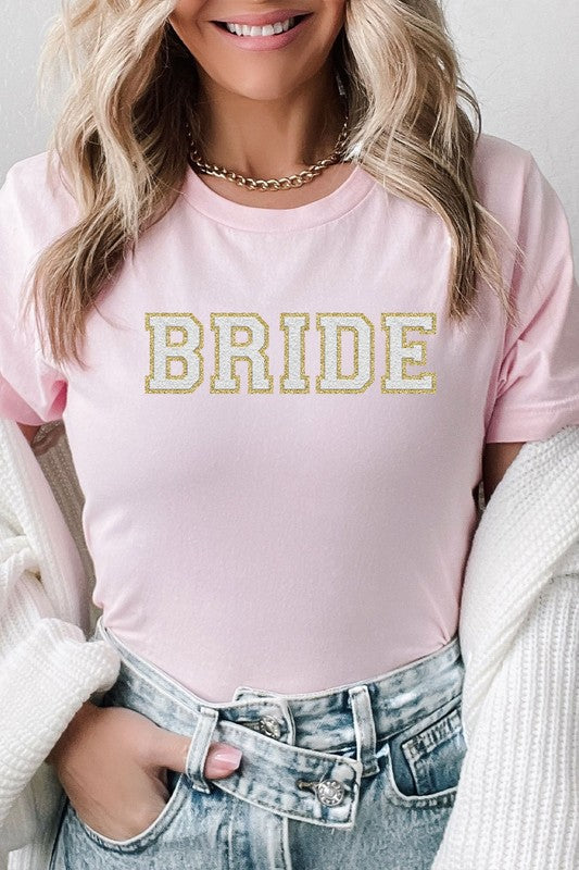 Light pink bride faux chenille graphic t-shirt with textured lettering
