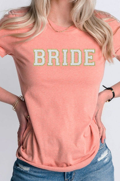 peach bride faux chenille graphic t-shirt with textured lettering