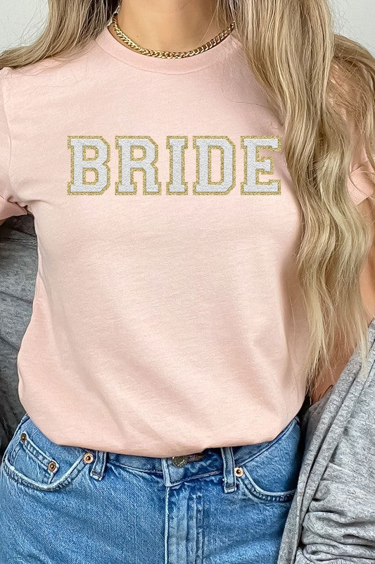 Peach bride faux chenille graphic t-shirt with textured lettering