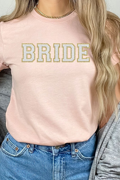 Peach bride faux chenille graphic t-shirt with textured lettering