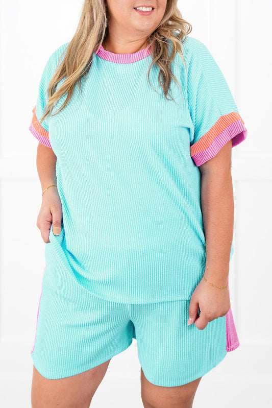 Plus Size Light Blue Colorblock Corded Two-Piece Set