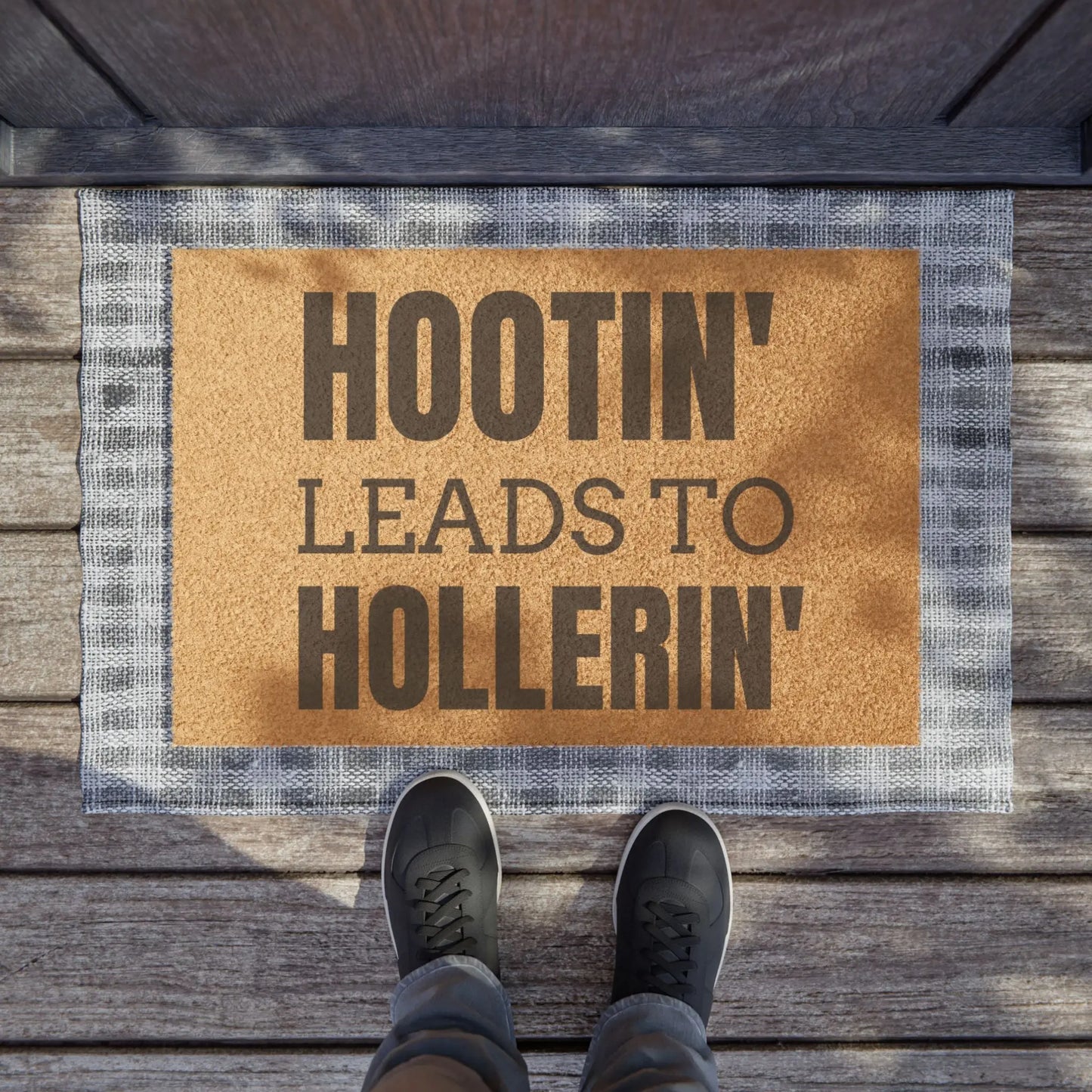 "Hootin' Leads to Hollerin'" Funny Rustic Doormat image 0