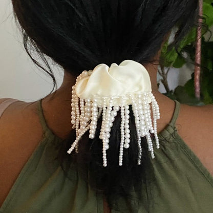 White fringed satin hair scrunchie with pearl and bead embellishments