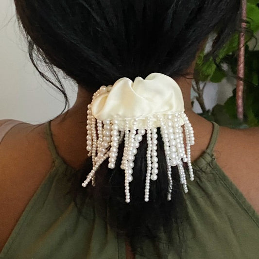White fringed satin hair scrunchie with pearl and bead embellishments