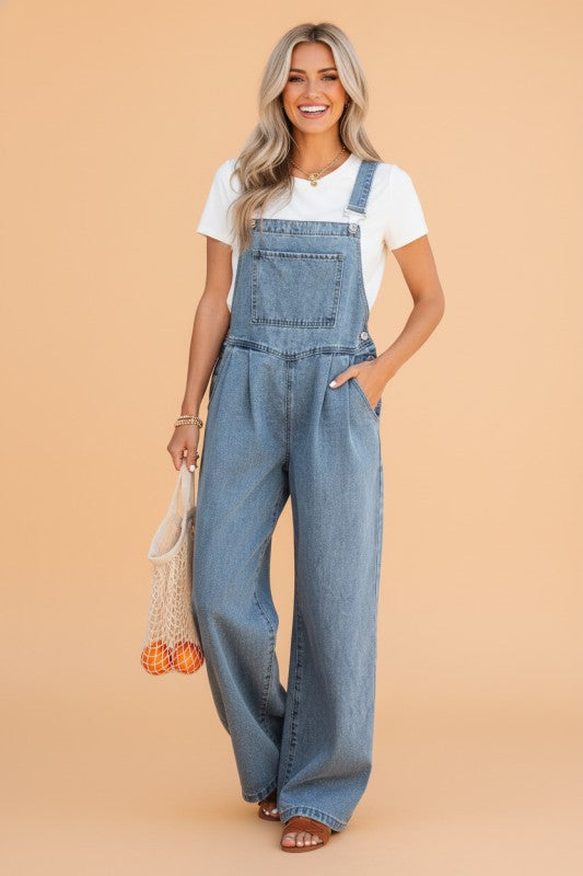 Pleated Wide Leg Pocketed Denim Jumpsuit