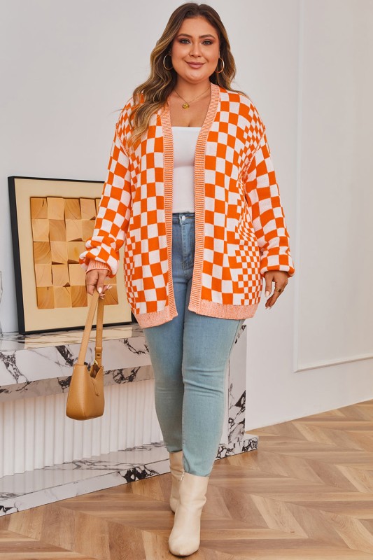 Plus Size Checkered Drop Shoulder Cardigan