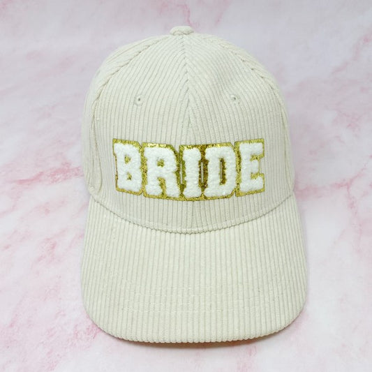 Cream corduroy bride baseball cap with gold glitter lettering
