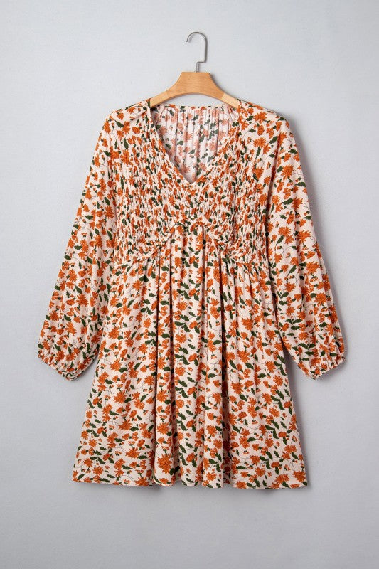 Plus Size Floral Long Sleeve V-Neck Babydoll Dress