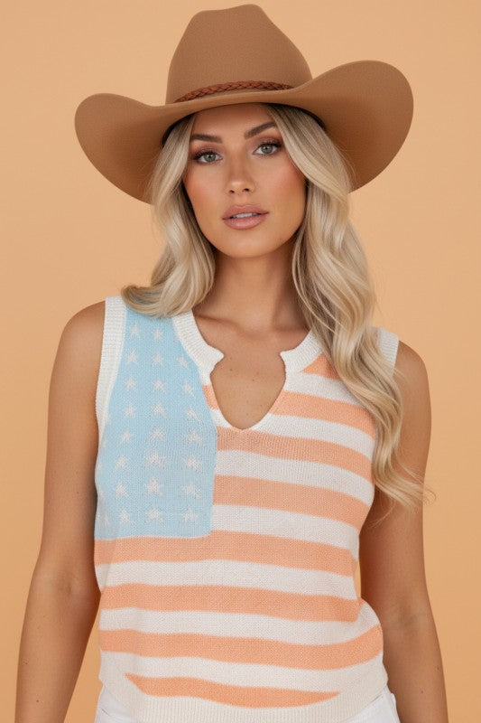 USA Flag Notch-Neck Sleeveless Sweater Top | Beige & Pink Stripe | S-XL