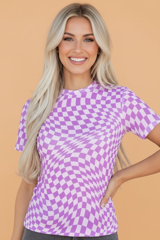 Checker Mesh Mock Neck Short Sleeve T-Shirt