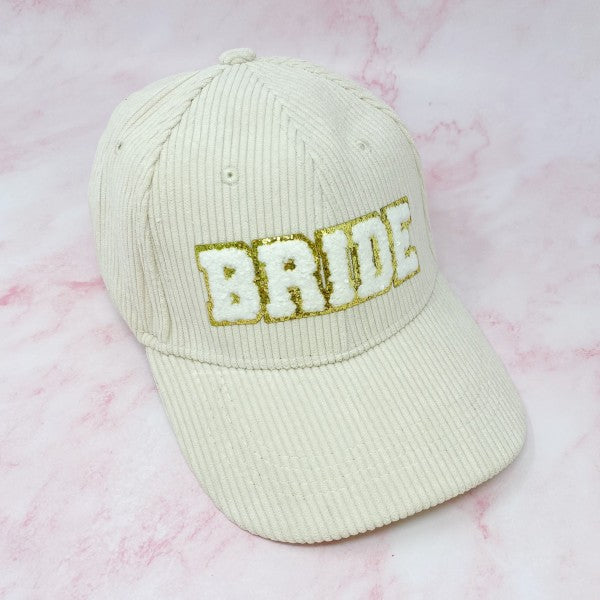 Cream corduroy bride baseball cap with gold glitter lettering
