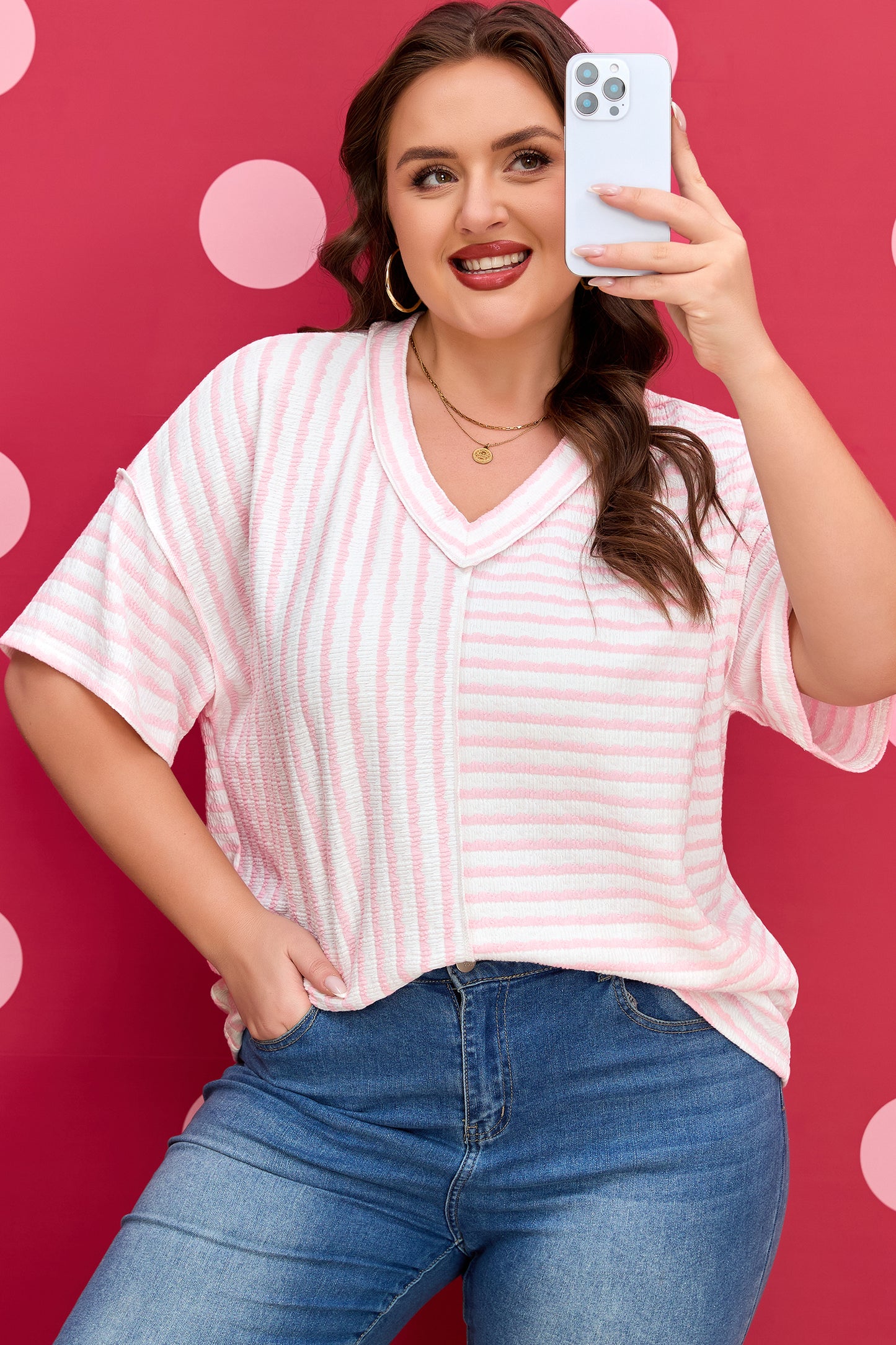 Plus Size Pink Stripe V-Neck Patchwork Tee