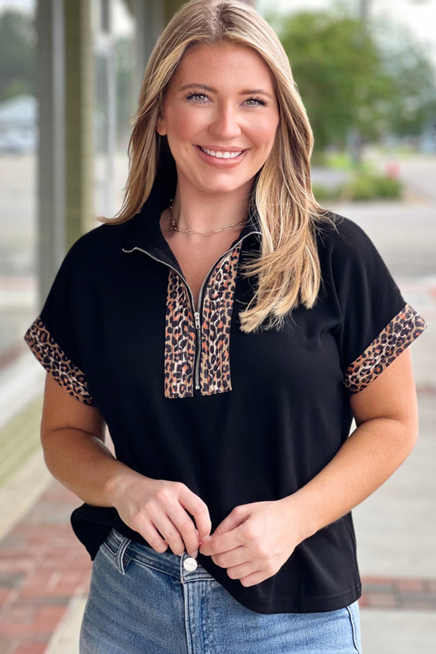 Plus Size Leopard Patchwork Half-Zip Short Sleeve Top