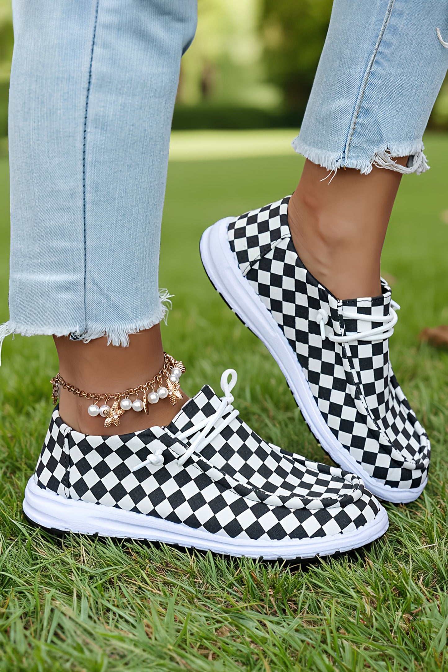 Checkered Print Lace-Up Shoes