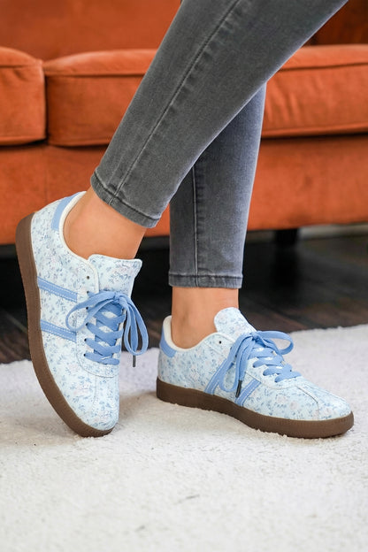 Light Blue Floral Print Lace-Up Sneakers