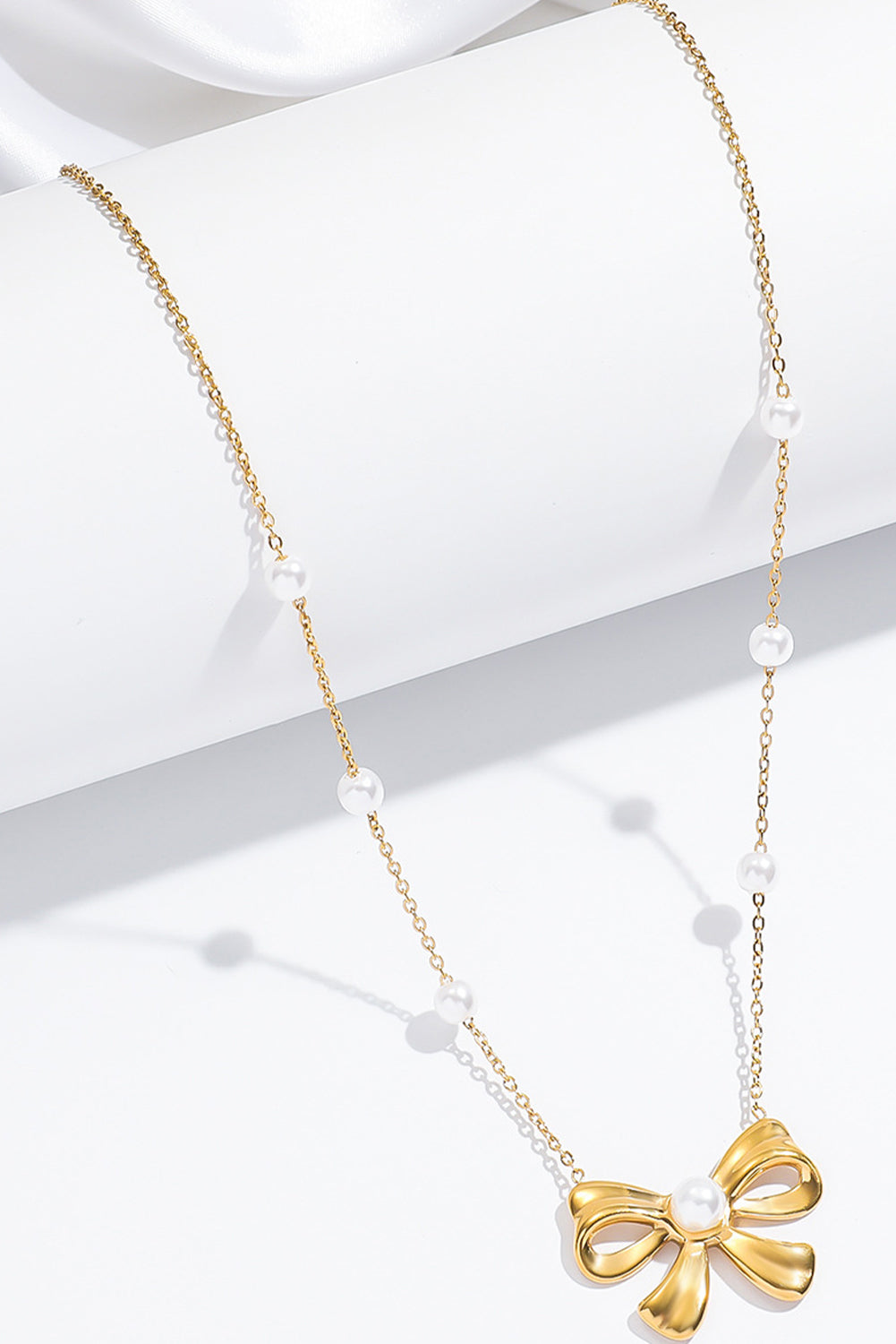 Gold Pearl Plated Bow Knot Pendant Necklace