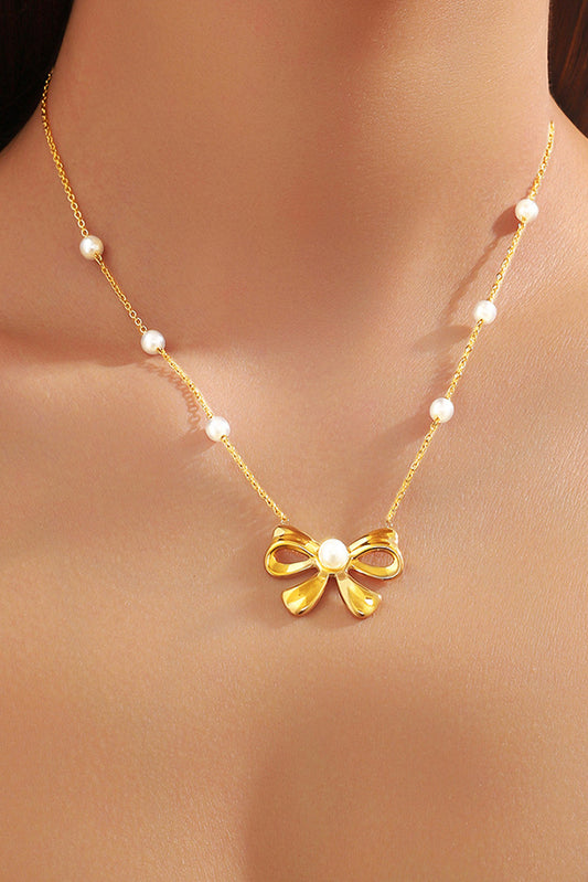 Gold Pearl Plated Bow Knot Pendant Necklace-0