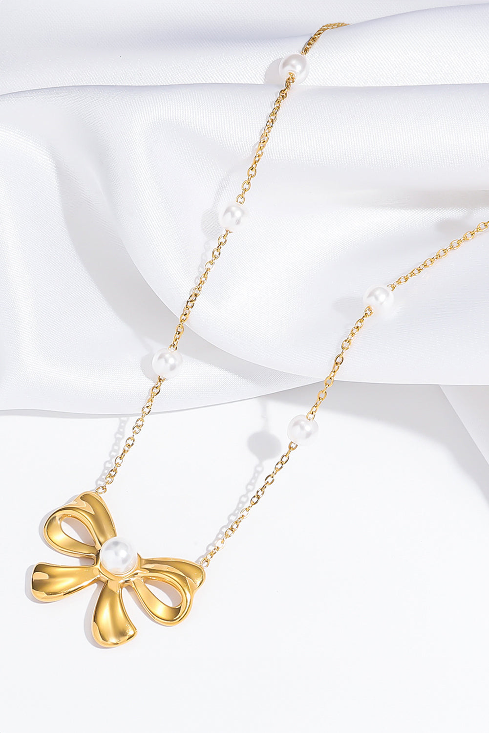 Gold Pearl Plated Bow Knot Pendant Necklace