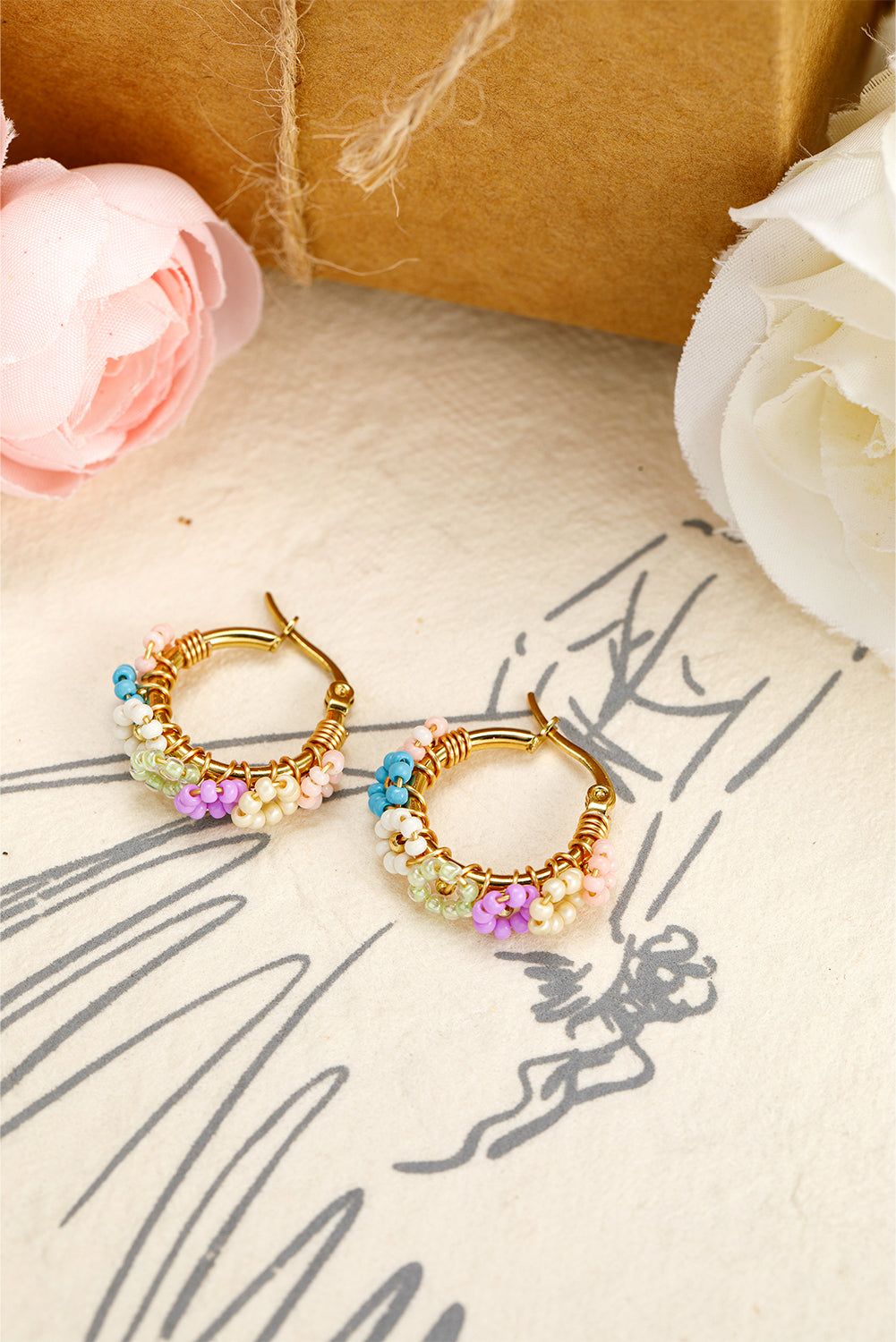 Gold Beaded Flower Hoop Earrings