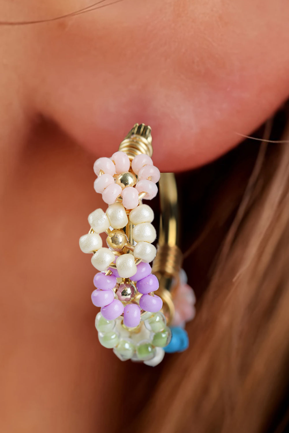Gold Beaded Flower Hoop Earrings
