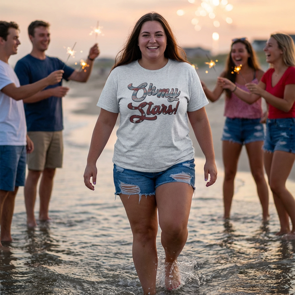 Woman walking on a beach with friends holding sparklers, wearing a 'Oh My Stars!' t-shirt.