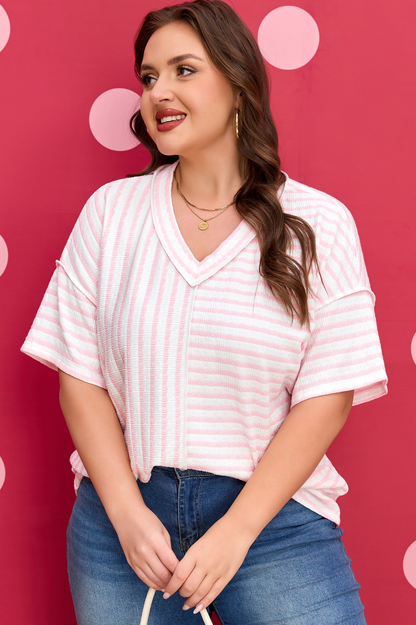 Plus Size Pink Stripe V-Neck Patchwork Tee