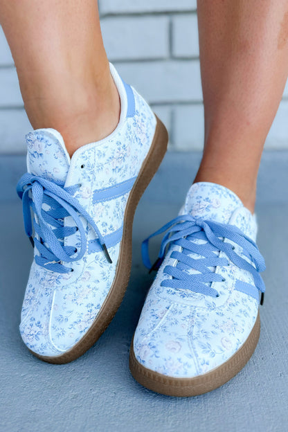 Light Blue Floral Print Lace-Up Sneakers