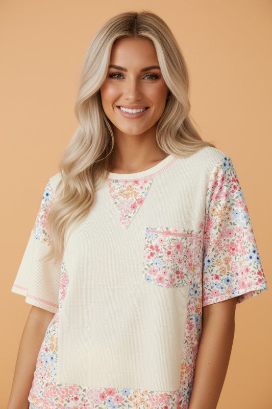 Beige Floral Patchwork Waffle Knit Wide Sleeve Tee | Chest Pocket | S-L