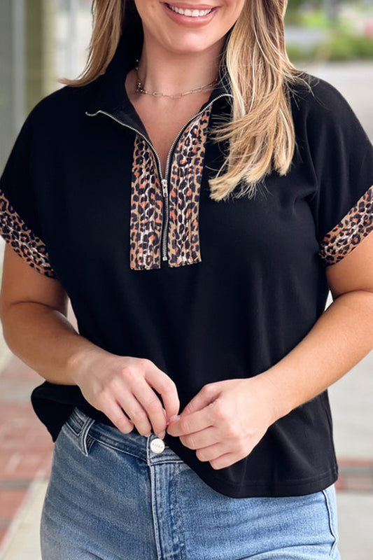 Plus Size Leopard Patchwork Half-Zip Short Sleeve Top