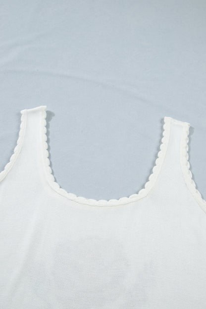 Plus Size White Floral Scalloped Square-Neck Tank