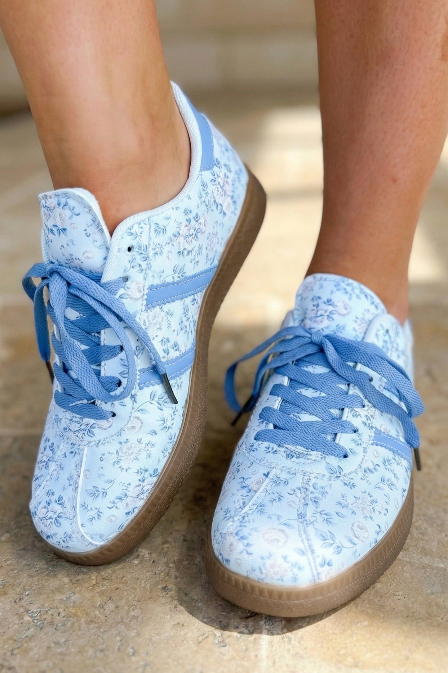 Light Blue Floral Print Lace-Up Sneakers