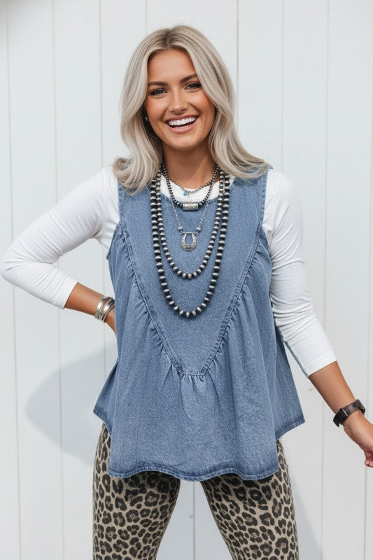 Denim Pleated Patchwork Sleeveless Top