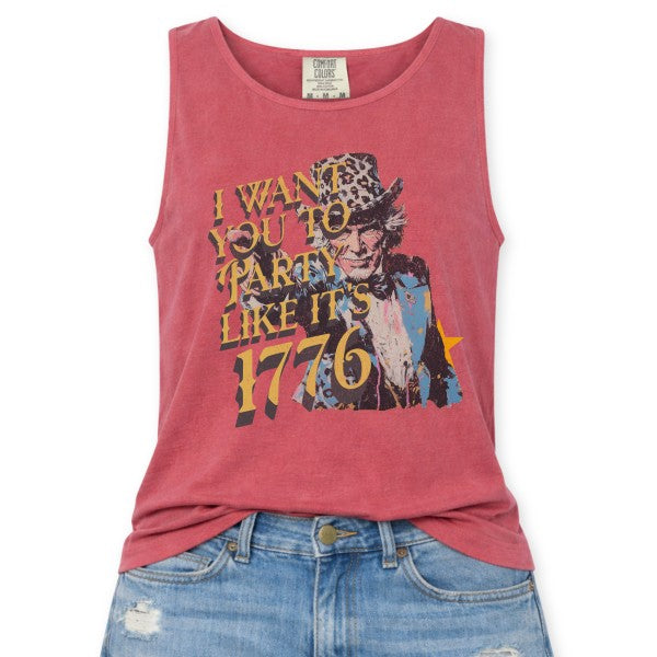 Red tank top with graphic design and text on a white background