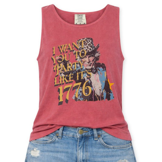 Red tank top with graphic design and text on a white background